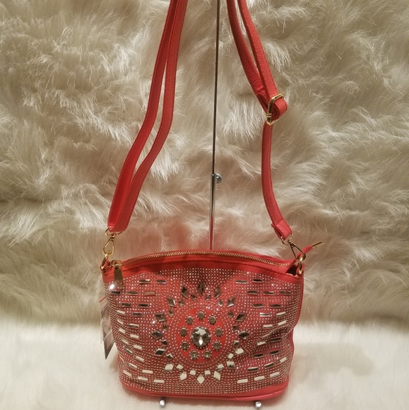 CORAL RHINESTONE CROSSBODY SLING - Picture 2 of 7